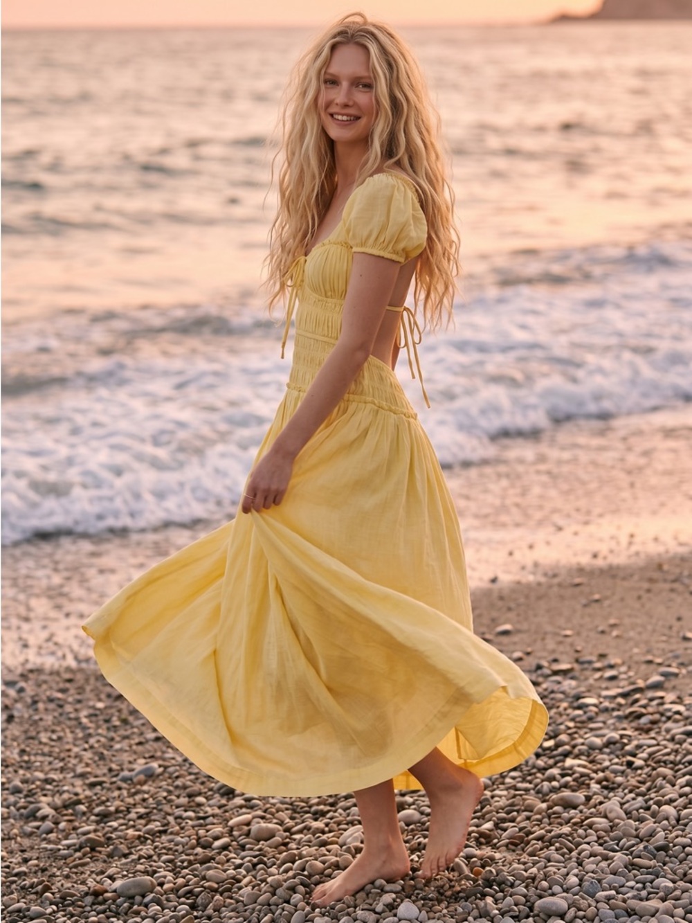 Free People Feeling Bonita Midi Maxi Dress in Yellow Size Medium Romantic Dainty